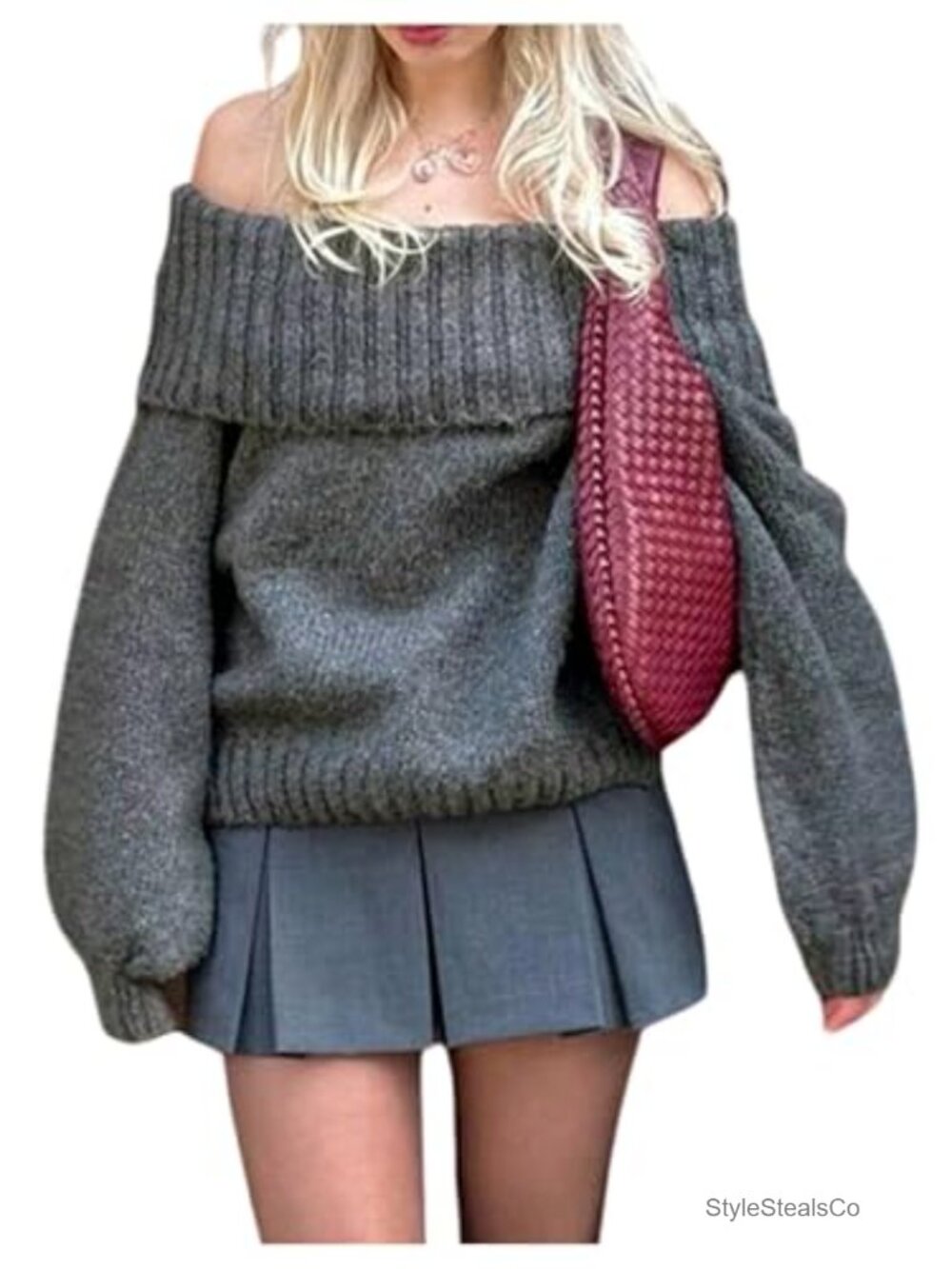 Off Shoulder Oversized Cable Knit Chunky Pullover Sweater
